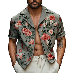Men's Fashion Floral Print Short Sleeve Shirt Jacket