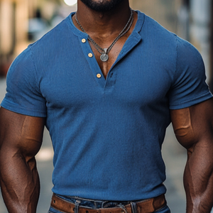 Men's Casual Cotton Elastic Rib Henley Collar Slim Fit Short Sleeve T-Shirt