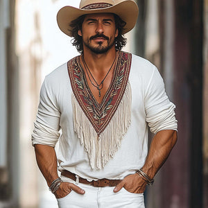 Herren-T-Shirt aus Baumwolle mit tiefem V-Ausschnitt und Stickerei im Vintage-Stil