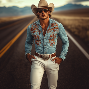 Klassisches amerikanisches Retro-Western-Langarmhemd aus Wildleder mit Stickerei für Herren