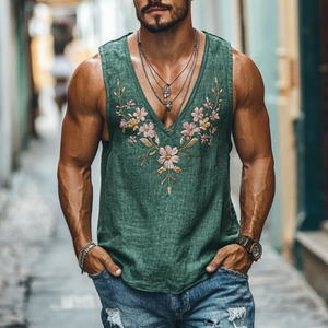 Men's Casual Deep V Neck Linen Flower Embroidered Slim Fit Tank Top