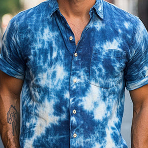 Men's Summer Blue Tie-Dye Cotton Casual Short Sleeve Shirt