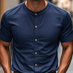 Men's Casual Cotton Round Neck Single Breasted Slim Fit Short Sleeve Shirt