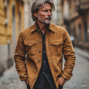 Men's Vintage Khaki Suede Long Sleeve Shirt