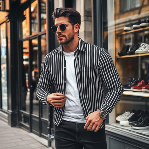 Men's Casual Striped Lapel Loose Long Sleeve Shirt