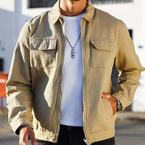 Men's Vintage Khaki Solid Zip-Up Jacket