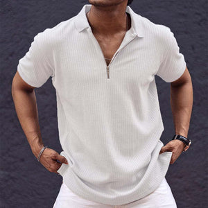 Herren Retro Casual Einfarbiges Kurzarm-T-Shirt mit Reißverschluss am Hals