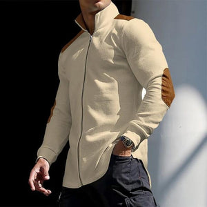 Men's Color Block Waffle Zipper Stand Collar Long Sleeve Shirt