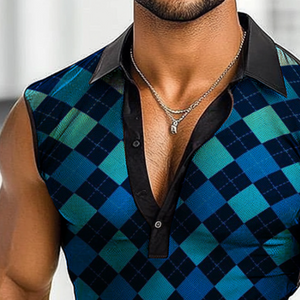 Men's Casual Diamond Mesh Print Lapel Tank Top