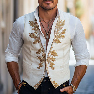 Men's Vintage Gold Embroidered Cotton And Linen Vest