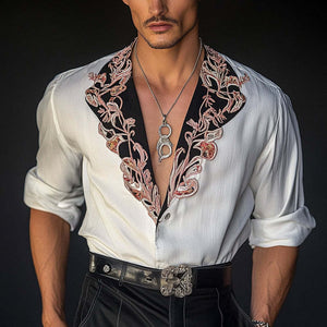 Herren-Langarmhemd mit Vintage-Stickerei und Kontrast