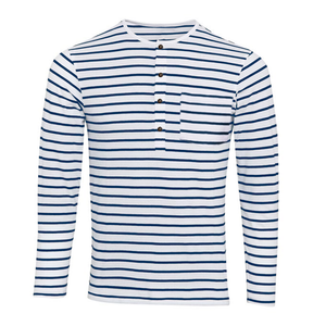 Men's Striped Henley Collar Long Sleeve Casual T-shirt