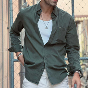 Men's Retro Casual Washed Workwear Lapel Pocket Long Sleeve Shirt
