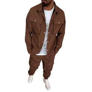 Men's Solid Color Lapel Single Breasted Jacket Trousers Cargo Set