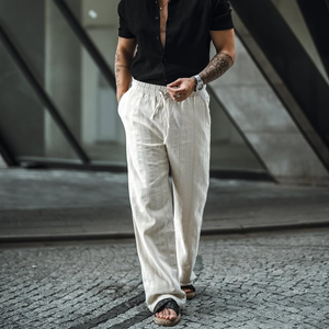 Men's Solid Cotton And Linen Mid Waist Straight Casual Pants