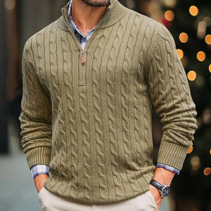 Men's Solid Cable Knit Half High Collar Long Sleeve Sweater