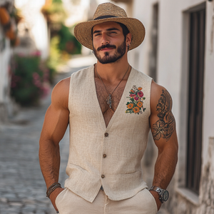 Men's Casual Linen Flower Embroidery V-Neck Single Breasted Slim Fit Vest