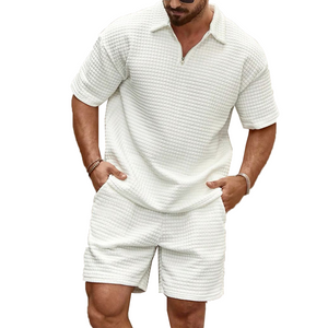 Herren Frühling und Sommer Lässiges hautfreundliches Waffelpullover-T-Shirt-Shorts-Set