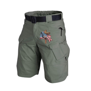 Taktische Cargo-Shorts mit USA-Flagge, mehrere Taschen, 27,9 cm Innennaht, ohne Gürtelschnalle
