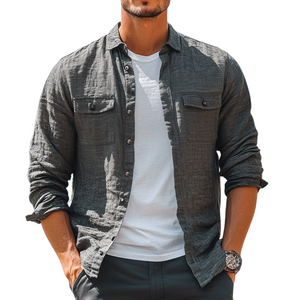 Men's Casual Skin-friendly Dark Gray Cotton And Linen Long-sleeved Shirt