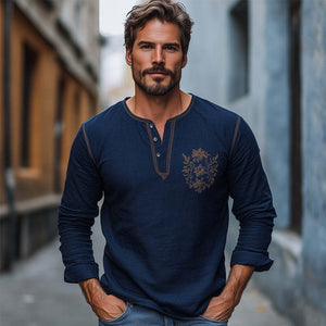 Men's Navy Blue Cotton And Linen Embroidered Henley Collar Long Sleeve T-Shirt