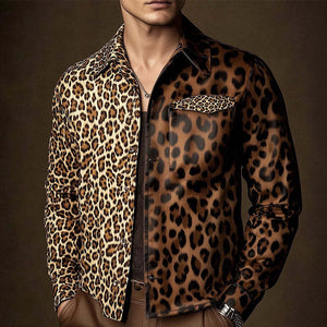 Men's Spring Fashion Leopard Print Light Leather Jacket