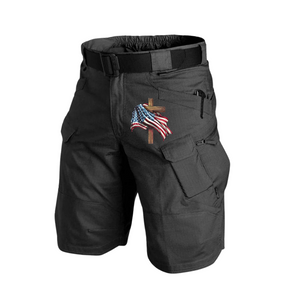 Taktische Cargo-Shorts mit USA-Flagge, mehrere Taschen, 27,9 cm Innennaht, ohne Gürtelschnalle