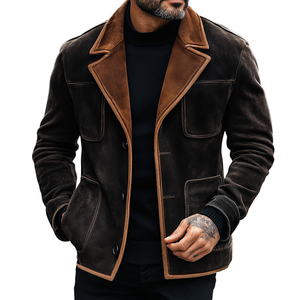 Men's Colorblock Suede Notch Lapel Multi-pocket Single Breasted Blazer Jacket