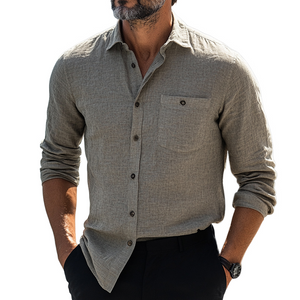 Men's Casual Skin-friendly Gray Cotton And Linen Long-sleeved Shirt
