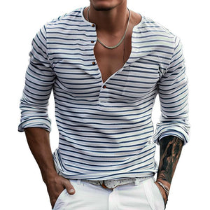 Men's Striped Henley Collar Long Sleeve Casual T-shirt