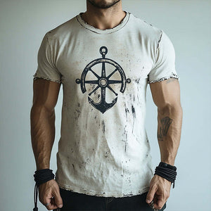Men's Retro Nautical Anchor Print Casual Ripped Round Neck Short Sleeve T-Shirt