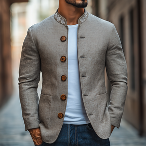 Klassische Retro-Casual-Stehkragenjacke aus dünner Baumwolle und Leinen mit Stickerei für Herren