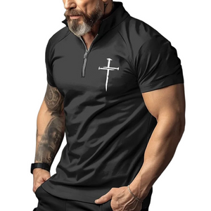 Herren Retro Casual Cross Print Reißverschluss Kurzarm T-Shirt