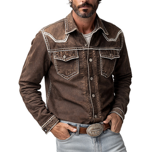 Men's Vintage Coffee Washed Denim Long-sleeved Shirt
