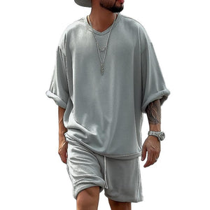 Herren Solid Loose V-Ausschnitt Kurzarm T-Shirt Shorts Casual Set