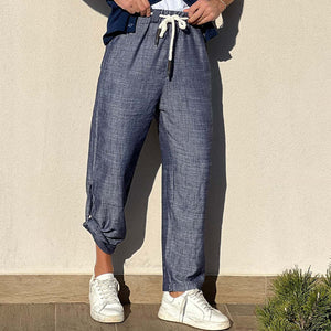 Lässige Freizeithose aus Baumwolle und Leinen mit elastischer Taille für Herren
