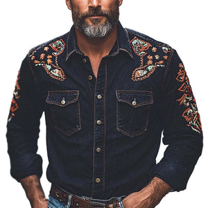 Men's Vintage Embroidered Long Sleeve Denim Shirt