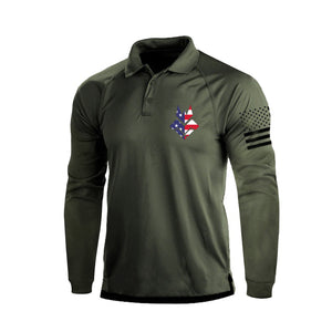DEFORMEDV POLOSHIRT MIT LANGEN ÄRMELN UND MUSTERDRUCK UND USA-FLAGGE