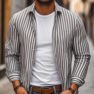 Men's Casual Comfort Cotton Linen Striped Lapel Chest Pocket Loose Long Sleeve Shirt