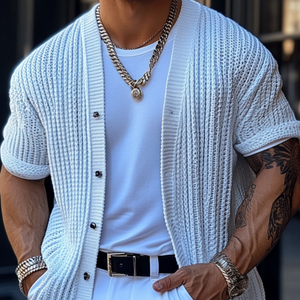 Men's Casual Solid Color Single Breasted Loose Knitted Short Sleeve Cardigan