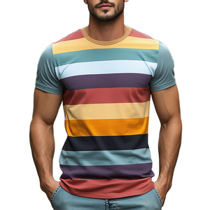 Men's Casual Round Neck Slim Fit Horizontal Striped Cotton Short-sleeved T-shirt