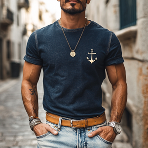 Herren-T-Shirt im Retro-Denim-Stil mit gewaschenem Anker-Print, Rundhalsausschnitt, schmale Passform, kurzärmelig