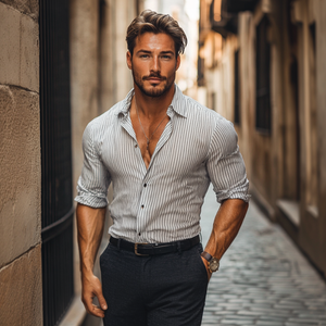 Men's Casual Cotton Blend Striped Lapel Slim Fit Long Sleeve Shirt