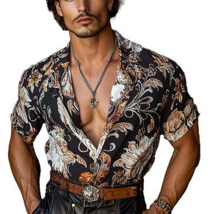 Men's Tropical Floral Print Lapel Short Sleeve Shirt