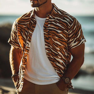 Men's Summer Retro Tiger Print Casual Short Sleeve Shirt