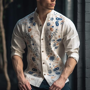 Men's Casual Floral Print Crew Neck Long Sleeve Shirt