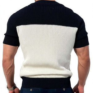 Men's Casual Contrast Color V-Neck Slim Fit Knitted Short Sleeve Sweater T-Shirt
