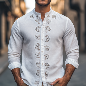 Men's Spring Fashion Retro Stand Collar Embroidered Cotton And Linen Long Sleeve Shirt