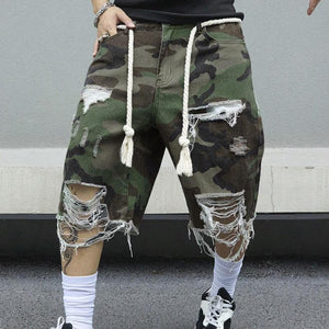 Men's Camouflage Washed Ripped Cropped Trousers