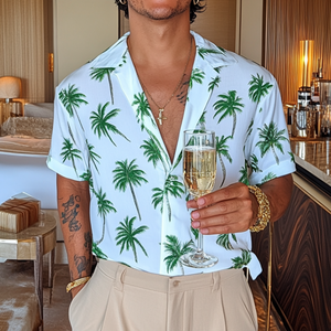 Men's Casual Palm Tree Print Cuban Collar Loose Short Sleeve Shirt